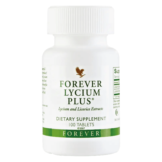Forever Lycium Plus® supplement bottle from AloeVital Care with colorful label and cap, featuring Lycium berries on the label.