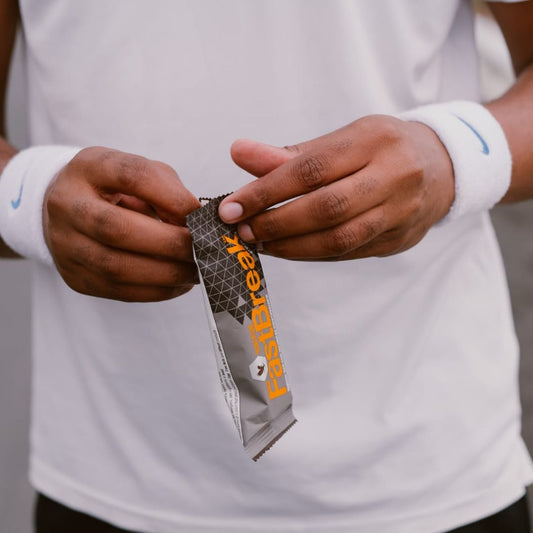 My Store Forever Fast Break® energy bar with chocolate and peanut butter flavor, showing the bar's packaging and ingredients.