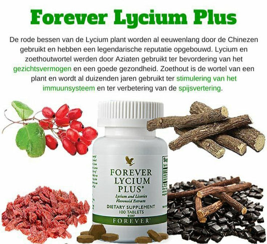 AloeVital Forever Lycium Plus® supplement bottle with 8 Lycium Plus capsules on a white background